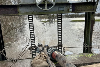 Wasserschläuche pumpen Wasser über einen Deich